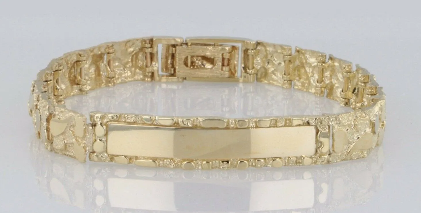 10k Yellow Gold Nugget ID Bracelet Adjustable 8" 9.8mm 22.7 grams