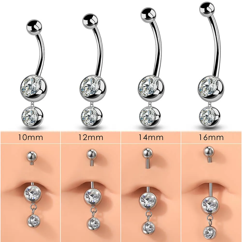 14G 10-16mm Titanium Dangle Round CZ Gem Belly Button Ring