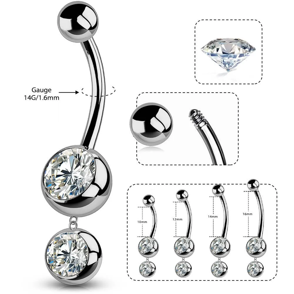 14G 10-16mm Titanium Dangle Round CZ Gem Belly Button Ring