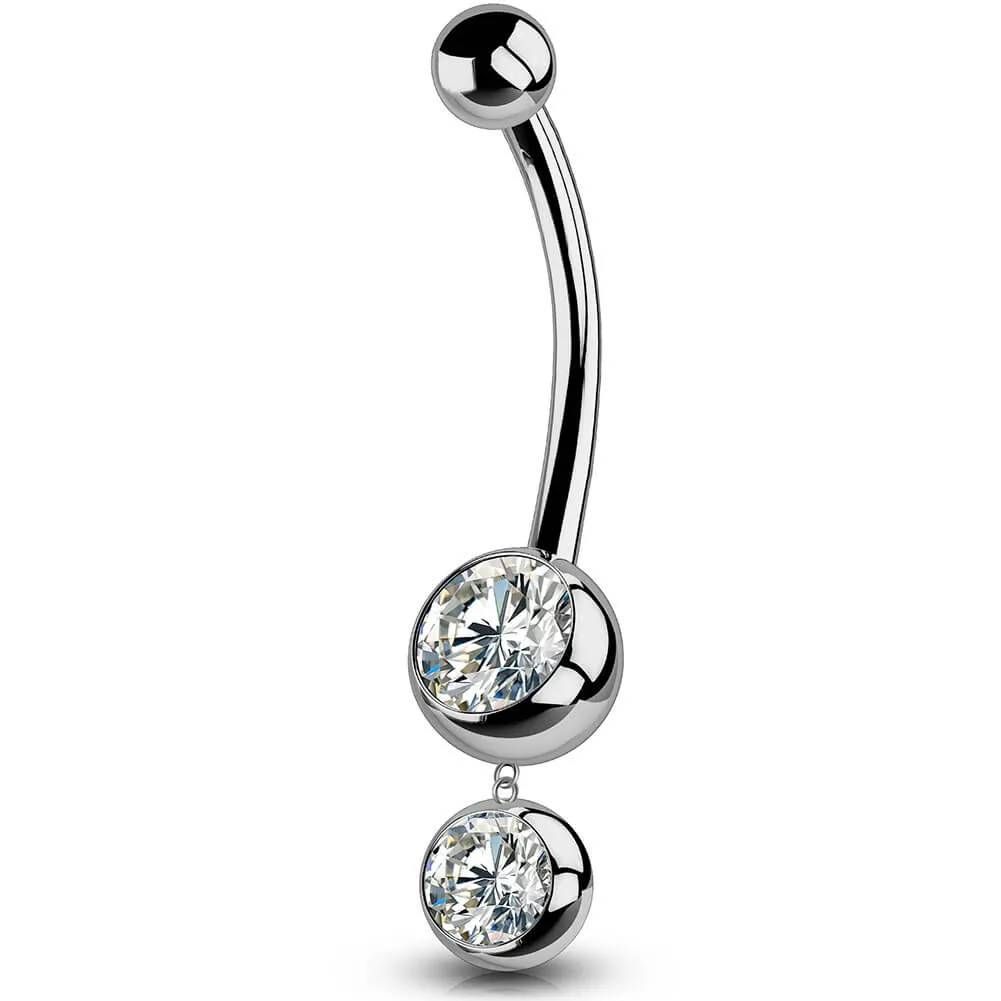 14G 10-16mm Titanium Dangle Round CZ Gem Belly Button Ring