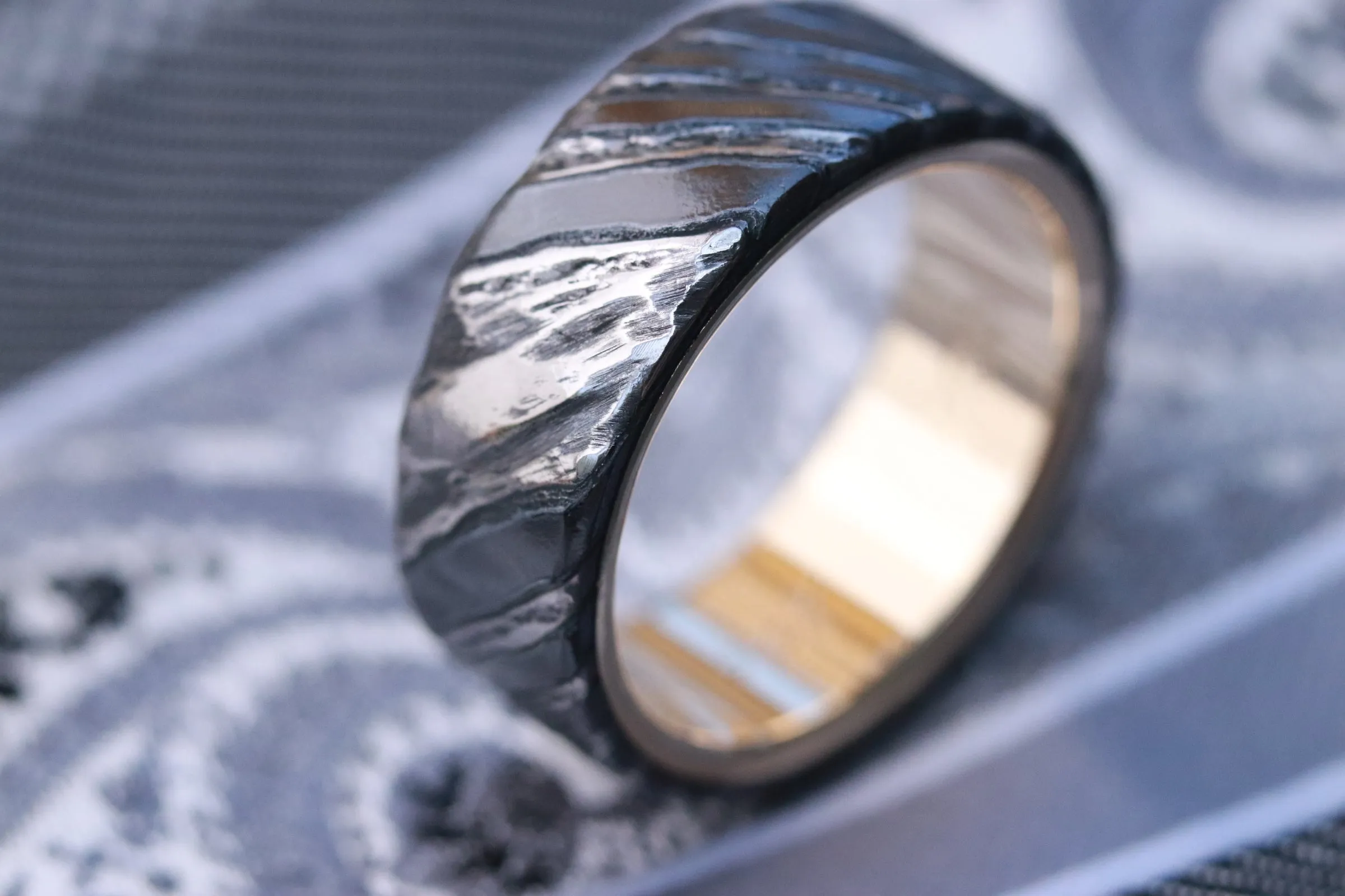 14k or 18k black stone timascus, gold lined