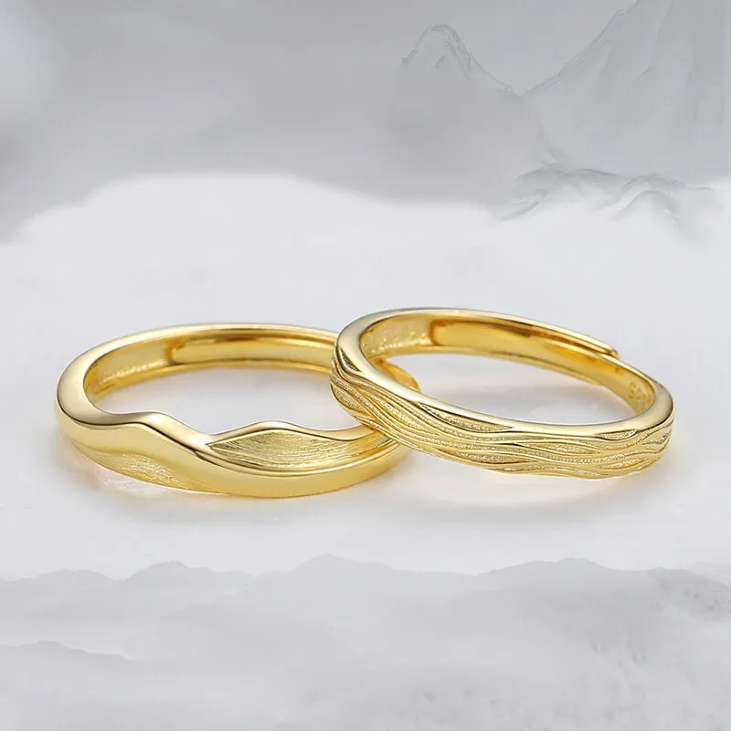 18k Gold Plated 999 Sterling Silver Mountain & Sea Couple Rings