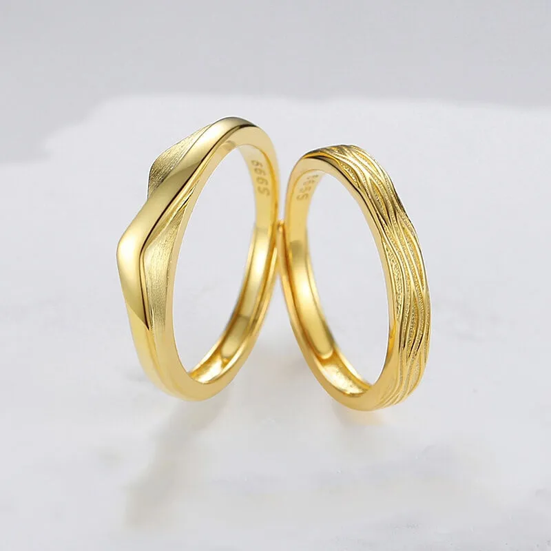 18k Gold Plated 999 Sterling Silver Mountain & Sea Couple Rings
