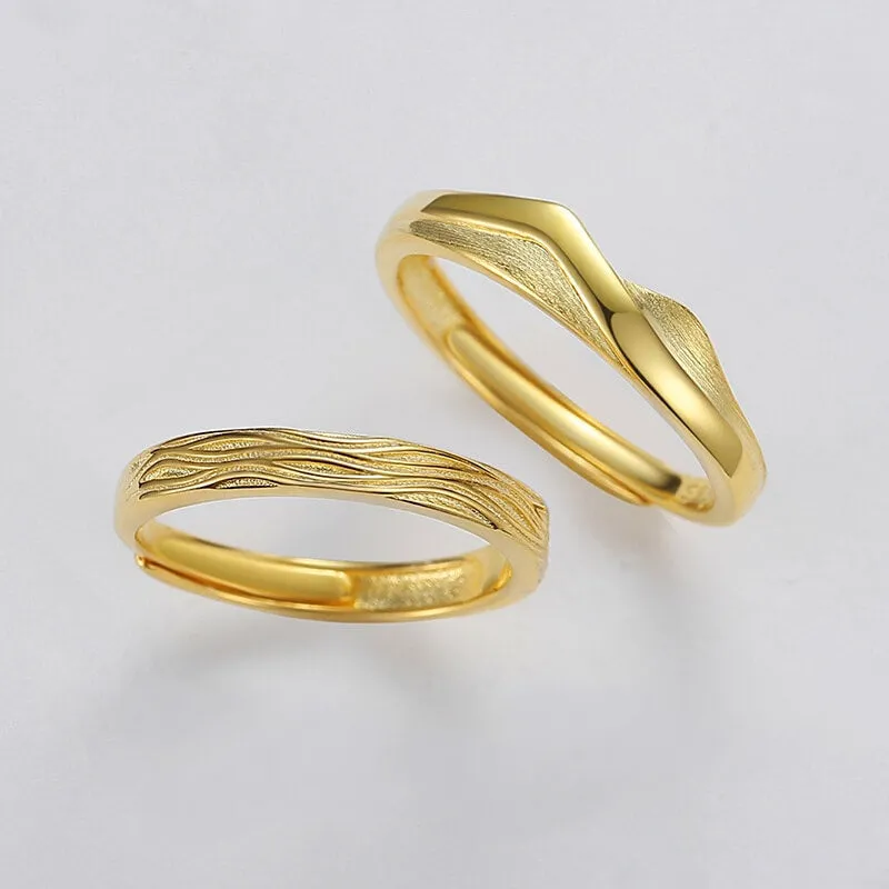 18k Gold Plated 999 Sterling Silver Mountain & Sea Couple Rings