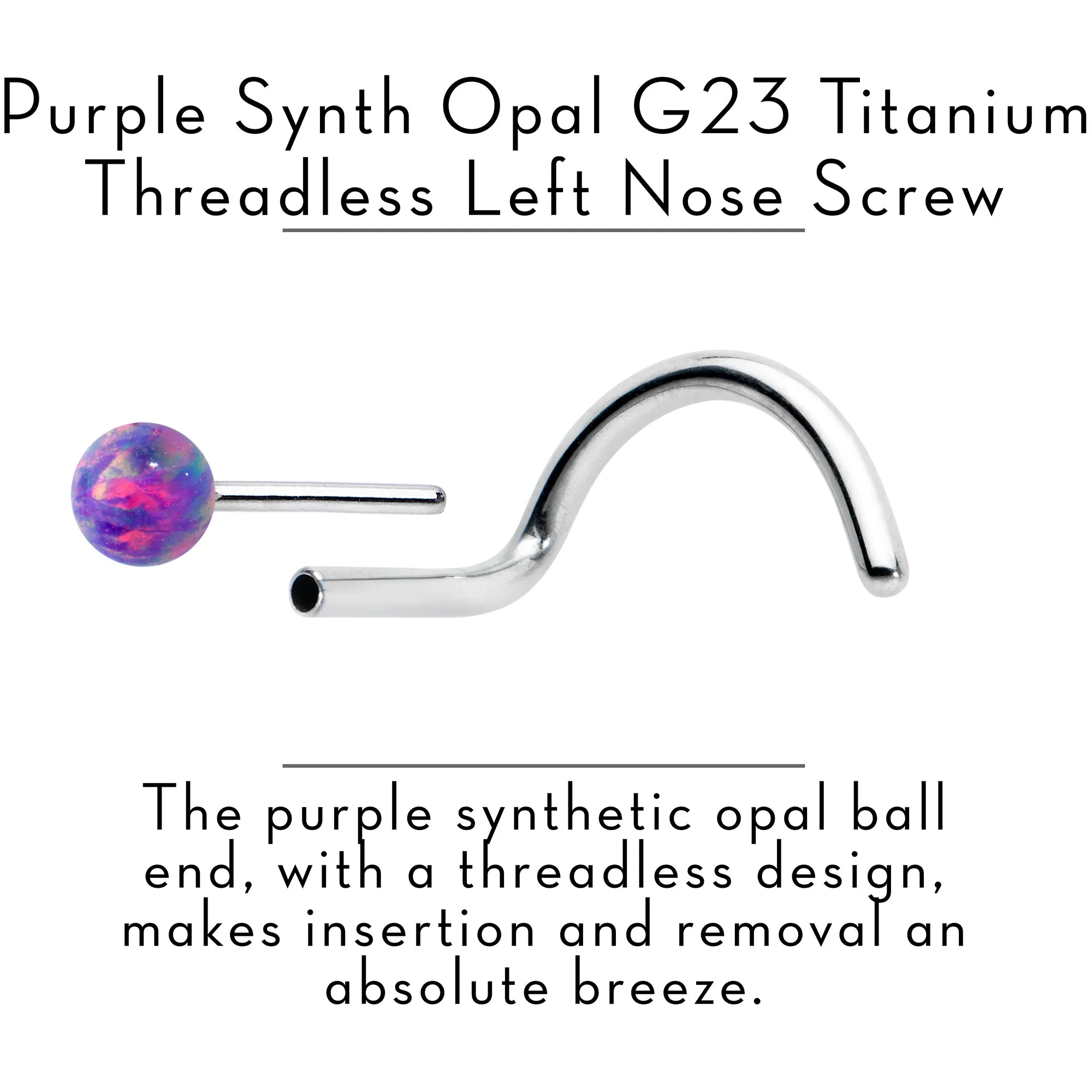 20 Gauge 1/4 Purple Synth Opal G23 Titanium Threadless Left Nose Screw