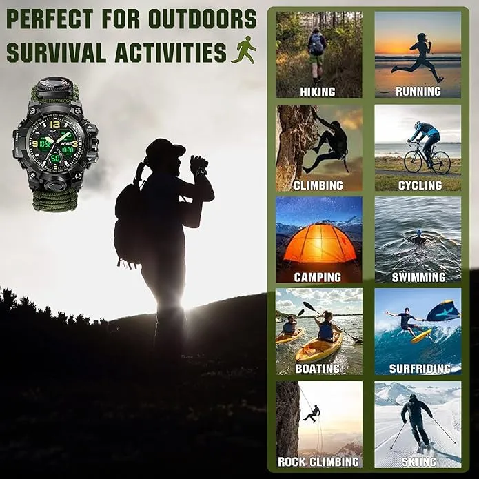 23-in-1 Survival Military Digital Watch, Mens Tactical Multi-Functional and Adjustable Wristband Outdoors Waterproof Sports Dual Dial Watches with Compass Paracord Band