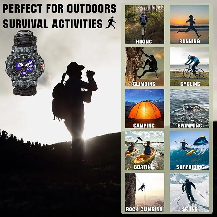 23-in-1 Survival Military Digital Watch, Mens Tactical Multi-Functional and Adjustable Wristband Outdoors Waterproof Sports Dual Dial Watches with Compass Paracord Band