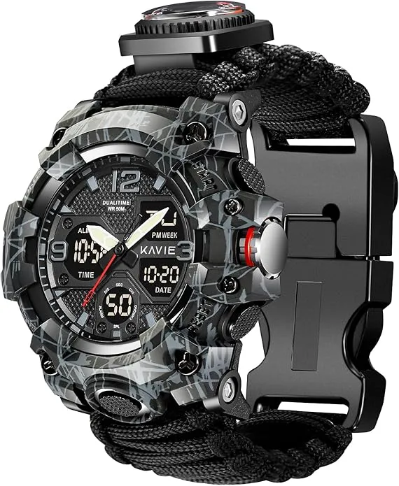 23-in-1 Survival Military Digital Watch, Mens Tactical Multi-Functional and Adjustable Wristband Outdoors Waterproof Sports Dual Dial Watches with Compass Paracord Band