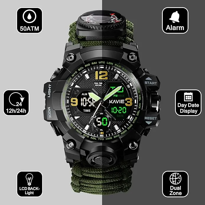 23-in-1 Survival Military Digital Watch, Mens Tactical Multi-Functional and Adjustable Wristband Outdoors Waterproof Sports Dual Dial Watches with Compass Paracord Band