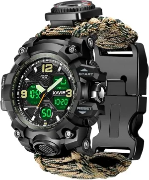 23-in-1 Survival Military Digital Watch, Mens Tactical Multi-Functional and Adjustable Wristband Outdoors Waterproof Sports Dual Dial Watches with Compass Paracord Band