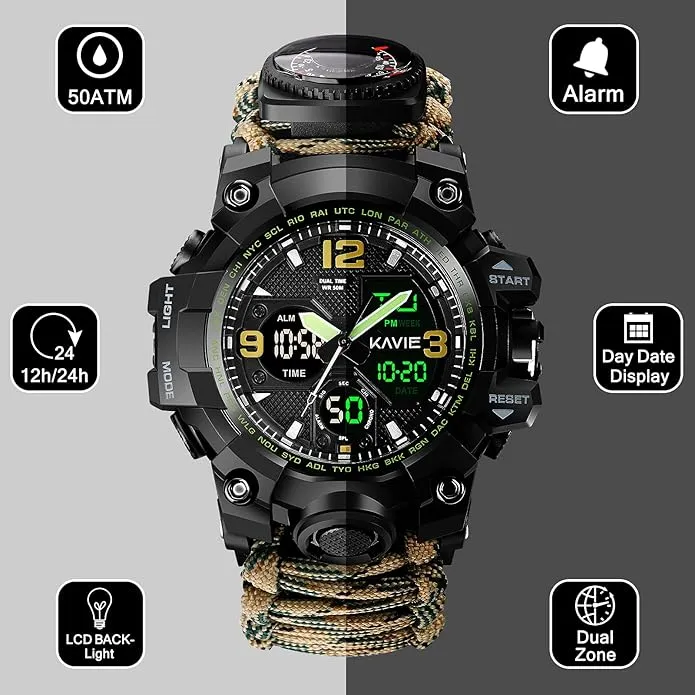 23-in-1 Survival Military Digital Watch, Mens Tactical Multi-Functional and Adjustable Wristband Outdoors Waterproof Sports Dual Dial Watches with Compass Paracord Band