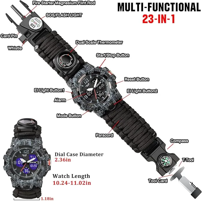 23-in-1 Survival Military Digital Watch, Mens Tactical Multi-Functional and Adjustable Wristband Outdoors Waterproof Sports Dual Dial Watches with Compass Paracord Band