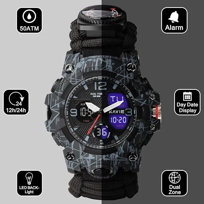 23-in-1 Survival Military Digital Watch, Mens Tactical Multi-Functional and Adjustable Wristband Outdoors Waterproof Sports Dual Dial Watches with Compass Paracord Band