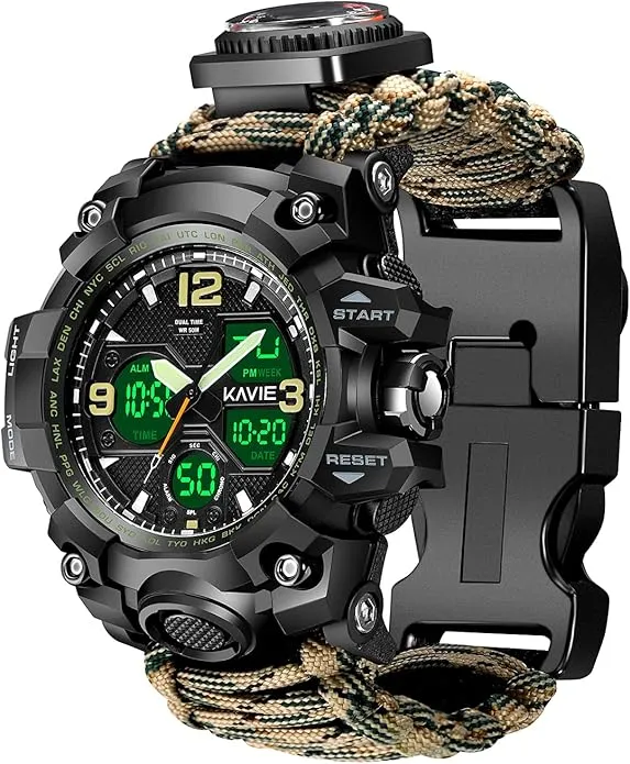 23-in-1 Survival Military Digital Watch, Mens Tactical Multi-Functional and Adjustable Wristband Outdoors Waterproof Sports Dual Dial Watches with Compass Paracord Band