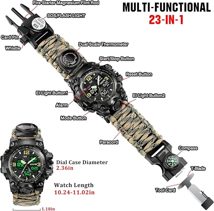 23-in-1 Survival Military Digital Watch, Mens Tactical Multi-Functional and Adjustable Wristband Outdoors Waterproof Sports Dual Dial Watches with Compass Paracord Band