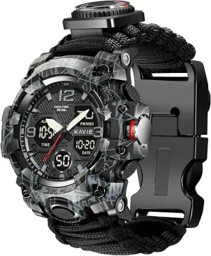 23-in-1 Survival Military Digital Watch, Mens Tactical Multi-Functional and Adjustable Wristband Outdoors Waterproof Sports Dual Dial Watches with Compass Paracord Band