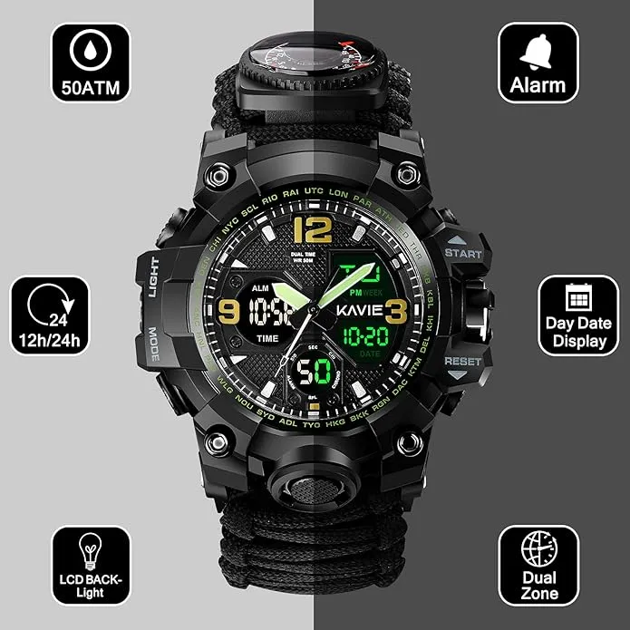 23-in-1 Survival Military Digital Watch, Mens Tactical Multi-Functional and Adjustable Wristband Outdoors Waterproof Sports Dual Dial Watches with Compass Paracord Band