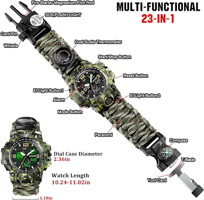 23-in-1 Survival Military Digital Watch, Mens Tactical Multi-Functional and Adjustable Wristband Outdoors Waterproof Sports Dual Dial Watches with Compass Paracord Band