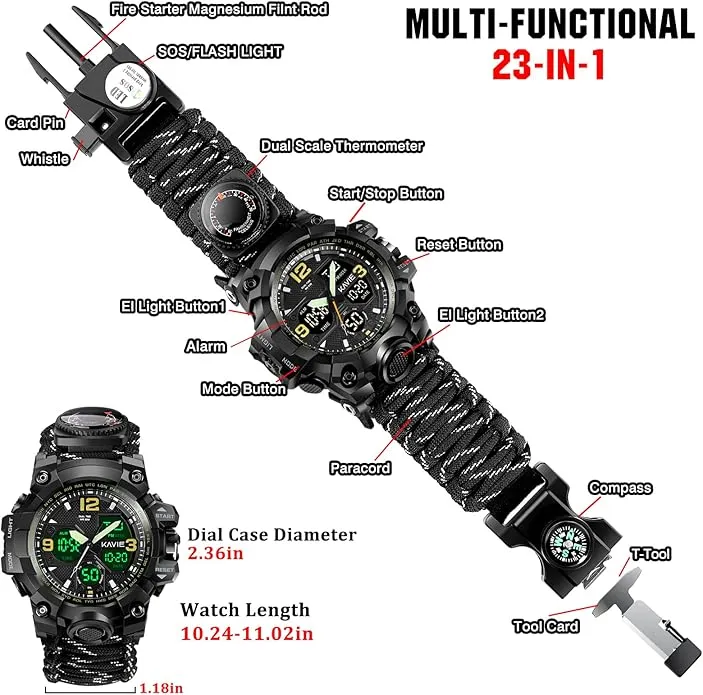 23-in-1 Survival Military Digital Watch, Mens Tactical Multi-Functional and Adjustable Wristband Outdoors Waterproof Sports Dual Dial Watches with Compass Paracord Band
