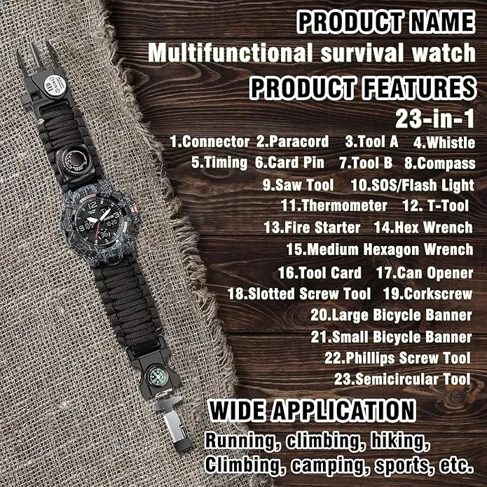 23-in-1 Survival Military Digital Watch, Mens Tactical Multi-Functional and Adjustable Wristband Outdoors Waterproof Sports Dual Dial Watches with Compass Paracord Band