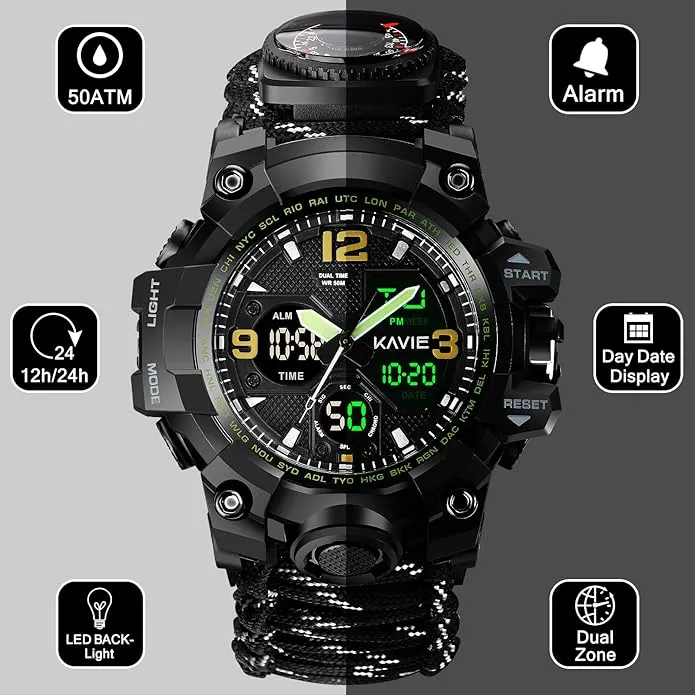 23-in-1 Survival Military Digital Watch, Mens Tactical Multi-Functional and Adjustable Wristband Outdoors Waterproof Sports Dual Dial Watches with Compass Paracord Band