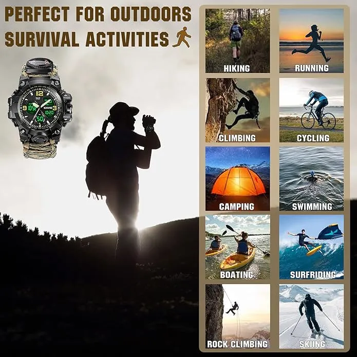 23-in-1 Survival Military Digital Watch, Mens Tactical Multi-Functional and Adjustable Wristband Outdoors Waterproof Sports Dual Dial Watches with Compass Paracord Band