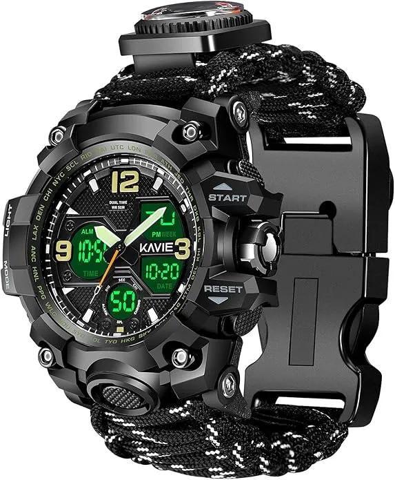 23-in-1 Survival Military Digital Watch, Mens Tactical Multi-Functional and Adjustable Wristband Outdoors Waterproof Sports Dual Dial Watches with Compass Paracord Band