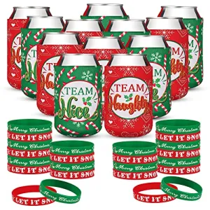 36 Pcs Christmas Neoprene Bottle Insulator Sleeve Christmas Silicone Bracelets Set Includes 12 Team Naughty & Nice Beer Can Coolers Sleeves Drink Holders 24 Christmas Wristbands Christmas Party Favors