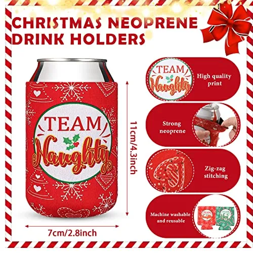 36 Pcs Christmas Neoprene Bottle Insulator Sleeve Christmas Silicone Bracelets Set Includes 12 Team Naughty & Nice Beer Can Coolers Sleeves Drink Holders 24 Christmas Wristbands Christmas Party Favors