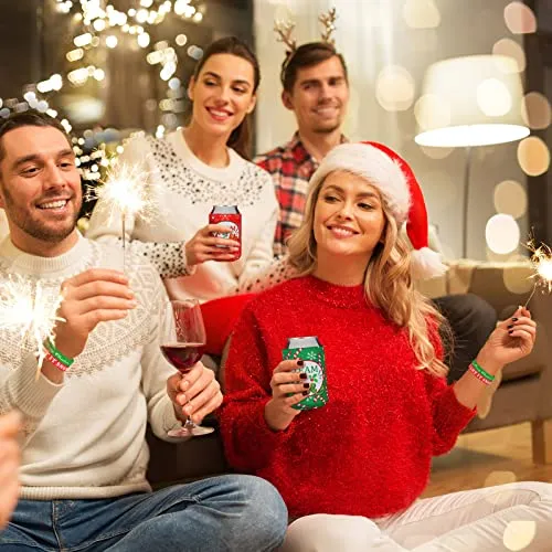 36 Pcs Christmas Neoprene Bottle Insulator Sleeve Christmas Silicone Bracelets Set Includes 12 Team Naughty & Nice Beer Can Coolers Sleeves Drink Holders 24 Christmas Wristbands Christmas Party Favors