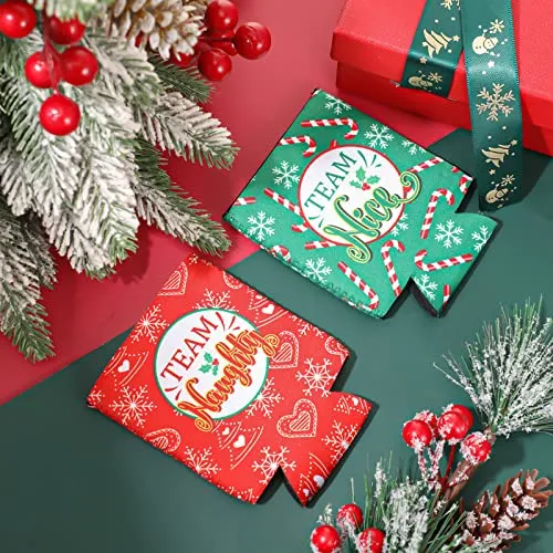 36 Pcs Christmas Neoprene Bottle Insulator Sleeve Christmas Silicone Bracelets Set Includes 12 Team Naughty & Nice Beer Can Coolers Sleeves Drink Holders 24 Christmas Wristbands Christmas Party Favors
