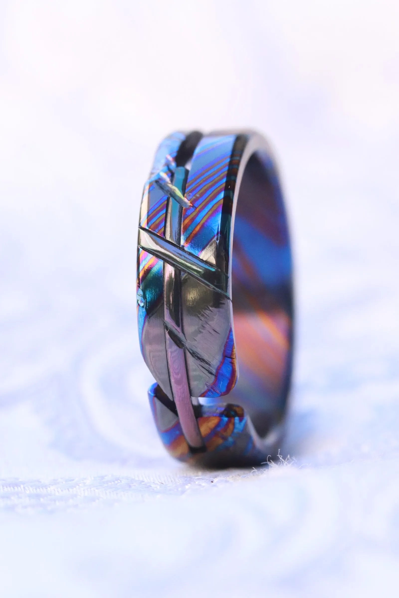 6mm Weathered cross ring, zirconium timascus ring, cross zrti ring hybrid zirconium titanium