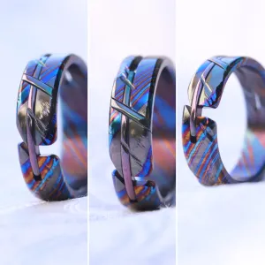 6mm Weathered cross ring, zirconium timascus ring, cross zrti ring hybrid zirconium titanium