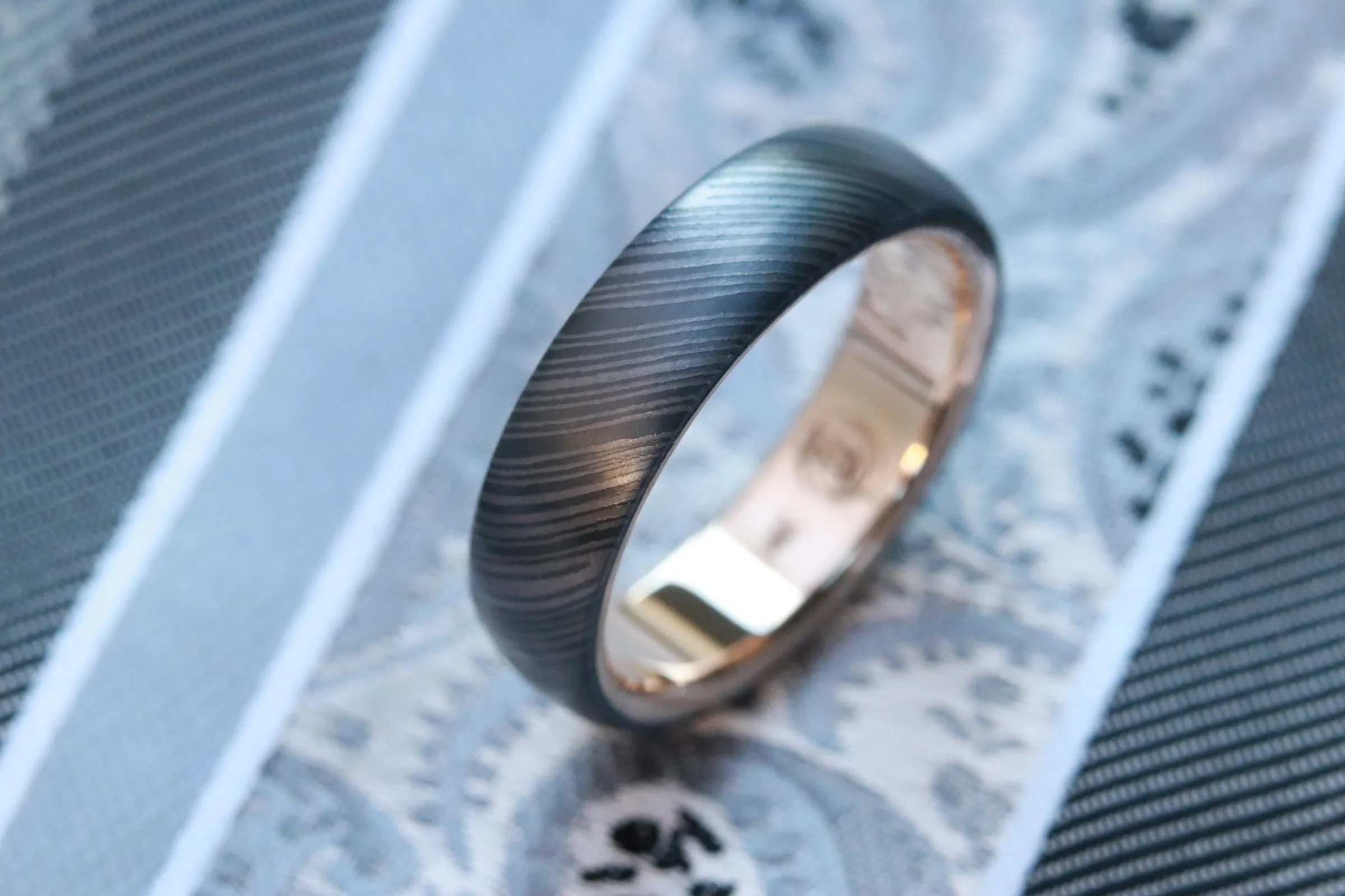 8mm 14k yellow gold niobium zirconium damascus NbZr, domed shape!