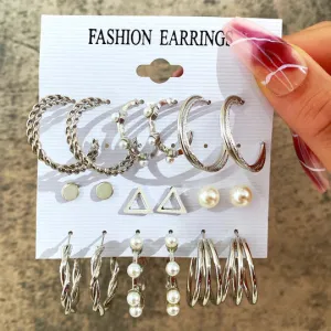 9 Pieces Elegant Pearl Hoops Stud Pack - Silver