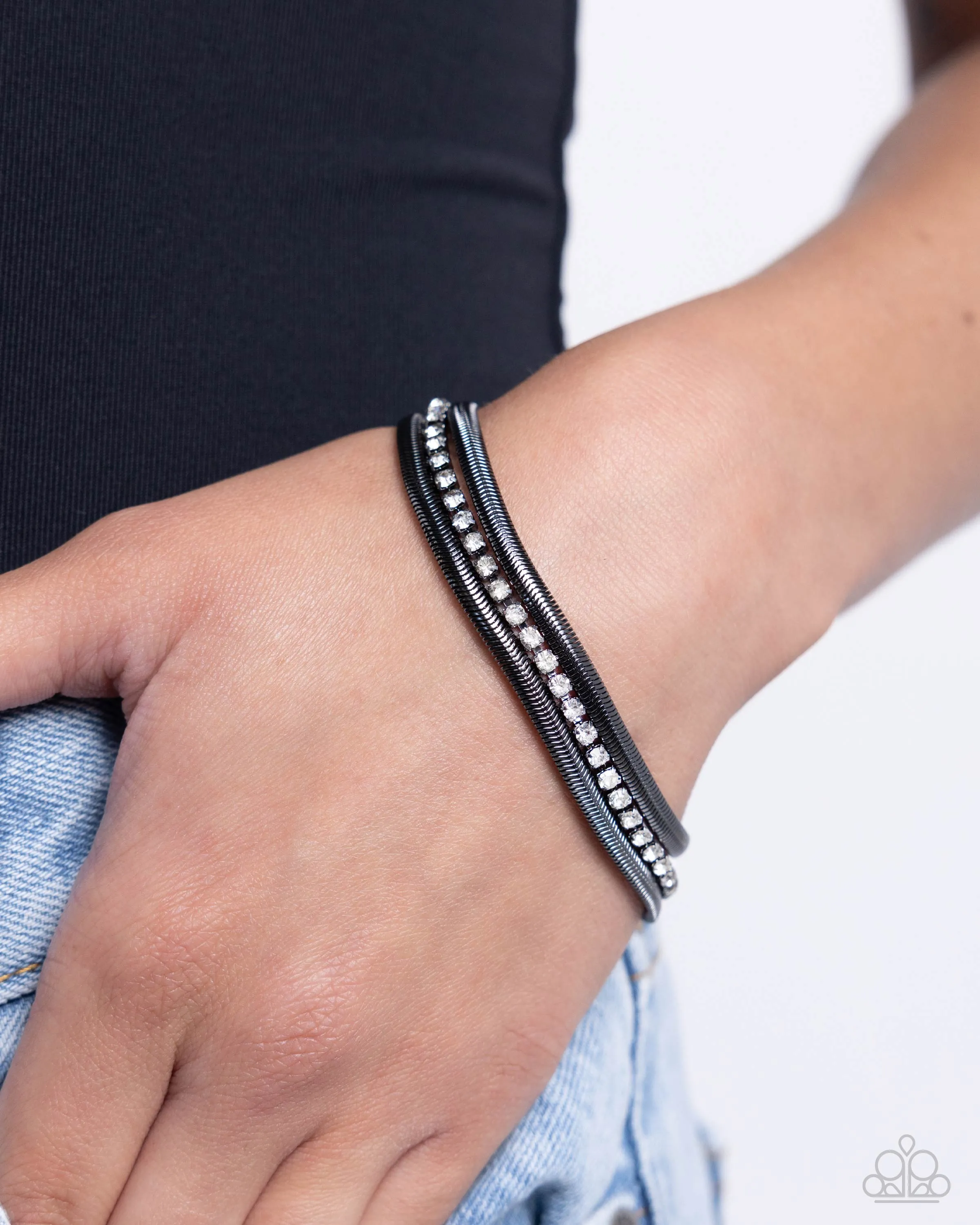 A SQUARE Treasure - Black - White Rhinestone Gunmetal Herringbone Chain Paparazzi Lobster Claw Bracelet