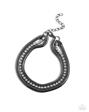 A SQUARE Treasure - Black - White Rhinestone Gunmetal Herringbone Chain Paparazzi Lobster Claw Bracelet