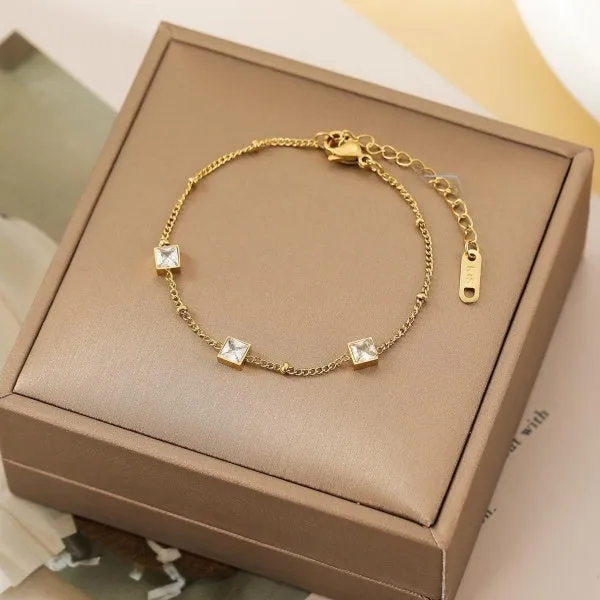 Adjustable Square Shaped Tri White Stone Plated Gold Bracelet JLTB0632