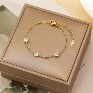 Adjustable Square Shaped Tri White Stone Plated Gold Bracelet JLTB0632