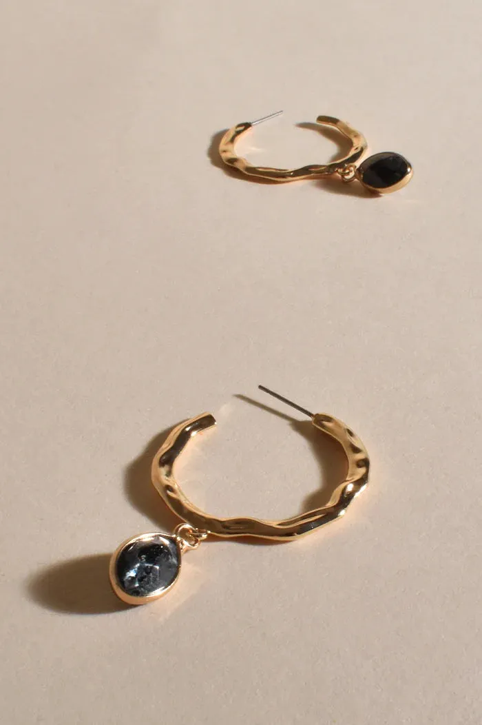 Adorne Beaten Metal Stone Drop Hoops - Black/Gold