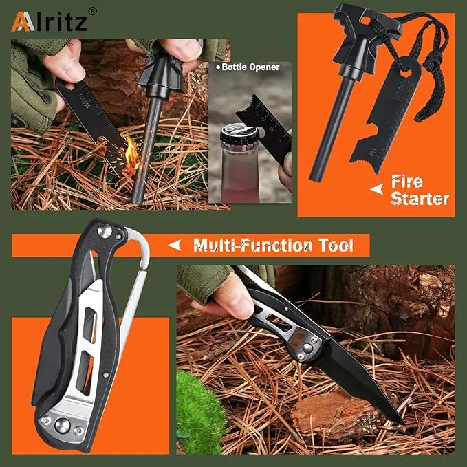 Alritz Emergency Survival Kit, 12 in-1 Outdoor Survival Gear Lifesaving Tools Contains Compass, Fire Starter, Flashlights for Camping Hiking Wilderness Adventures and Disaster Preparedness