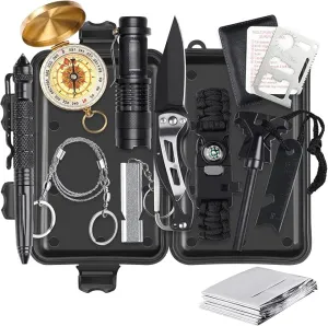 Alritz Emergency Survival Kit, 12 in-1 Outdoor Survival Gear Lifesaving Tools Contains Compass, Fire Starter, Flashlights for Camping Hiking Wilderness Adventures and Disaster Preparedness