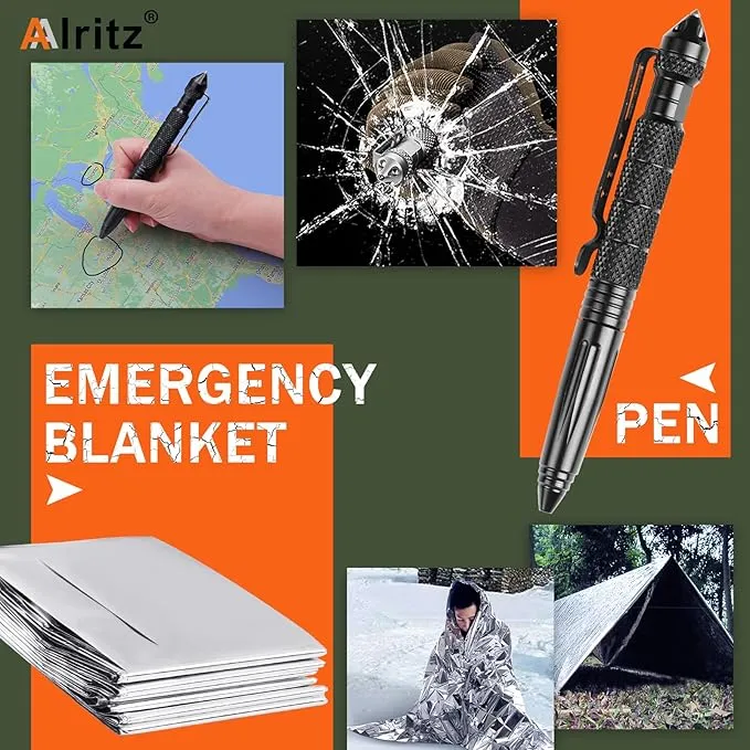 Alritz Emergency Survival Kit, 12 in-1 Outdoor Survival Gear Lifesaving Tools Contains Compass, Fire Starter, Flashlights for Camping Hiking Wilderness Adventures and Disaster Preparedness