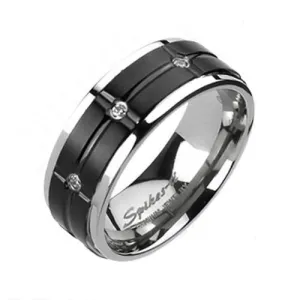Amazing Two-Tone Mirror Polished Titanium Ring with Cross Grooved Black Band and Pave Set CZs.