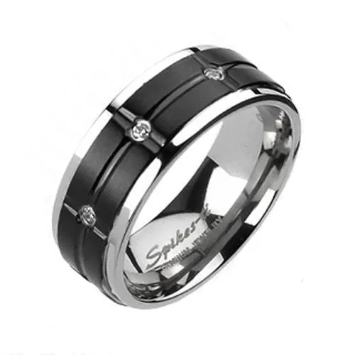 Amazing Two-Tone Mirror Polished Titanium Ring with Cross Grooved Black Band and Pave Set CZs.