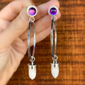 Amethyst studs with removable moonstone hoops in silver