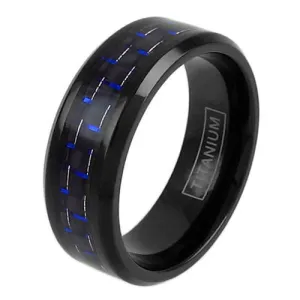 Beautiful Black Titanium Ring with Black/Blue Faux Carbon Fiber Inlay and Beveled Edges.