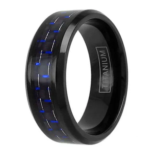 Beautiful Black Titanium Ring with Black/Blue Faux Carbon Fiber Inlay and Beveled Edges.