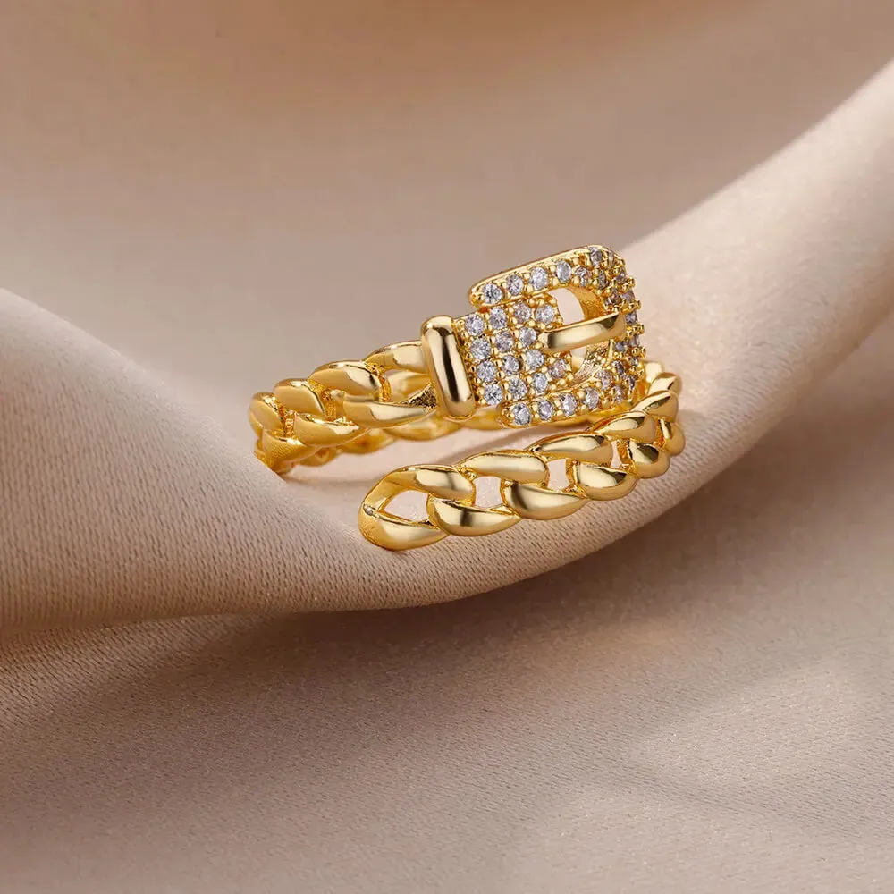 Belt Chain Rings for Women Men Gold Color Stainless Steel Ring Trend Luxury Korean Fashion Aesthetic Jewelry