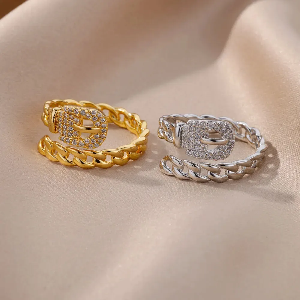 Belt Chain Rings for Women Men Gold Color Stainless Steel Ring Trend Luxury Korean Fashion Aesthetic Jewelry